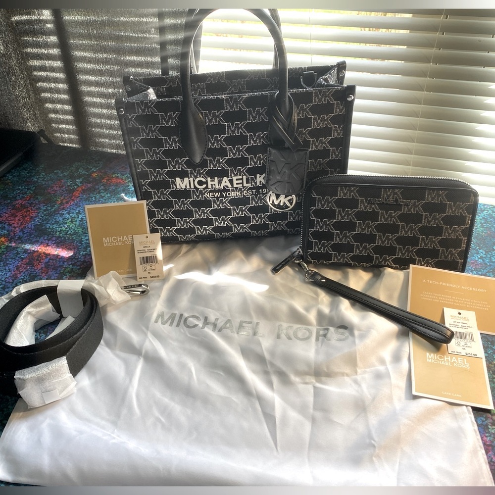 Michael Kors MIRELLA small crossbody and matching phone wallet-Black/Silver